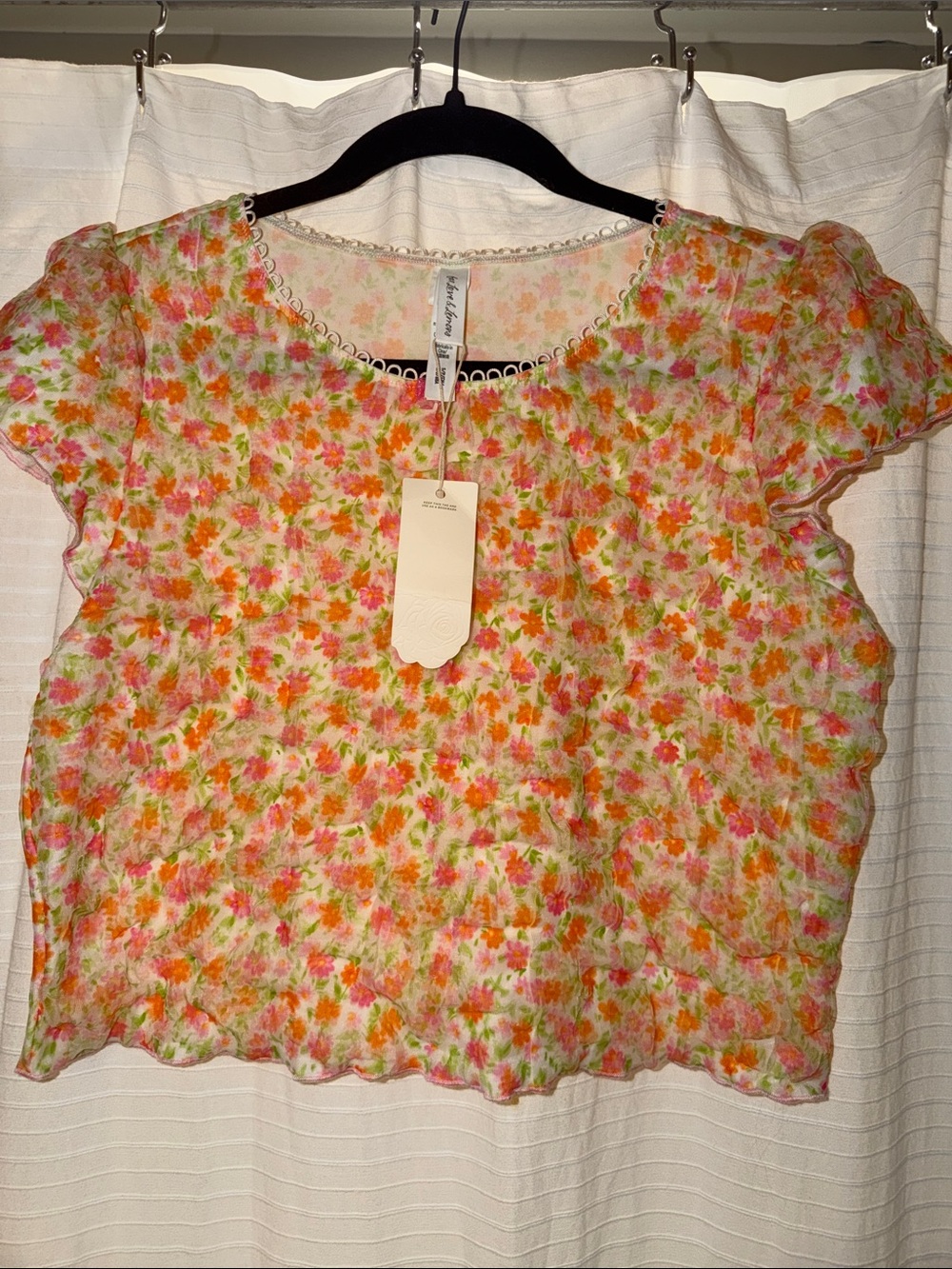 For Love & Lemons Floral Ruffle Crop Top in Pink, Orange, Green
